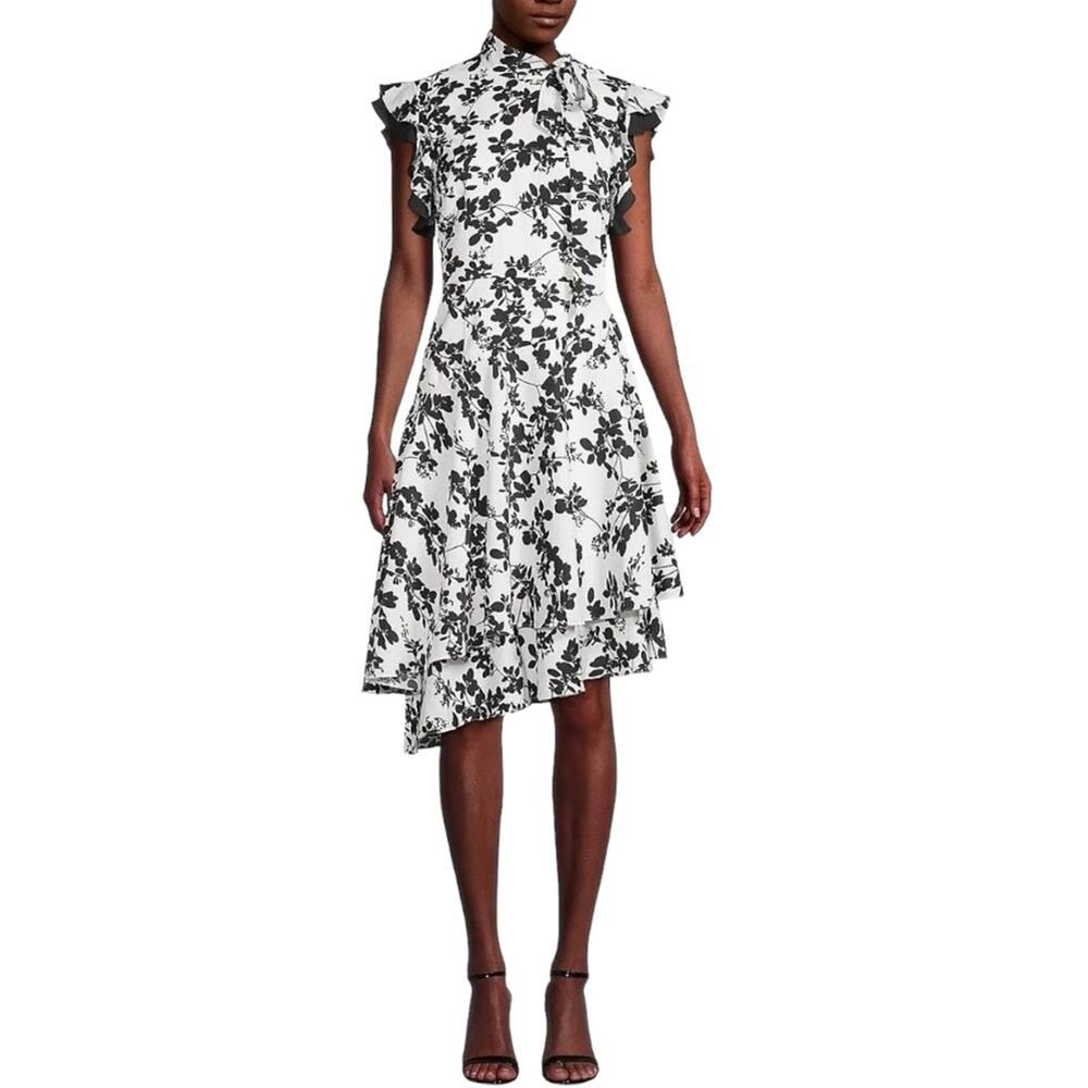 Mikael Aghal Dress 14 White Floral Plus Size Semi Formal Cocktail Occasion $795